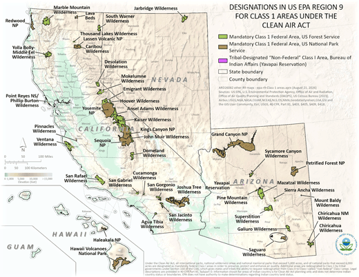 Map of Region 9 Federal Class 1 Areas