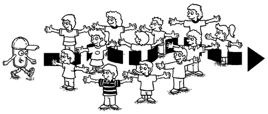 Illustration of Activity One: Thirstin walking through a group of children with arms outstretched.