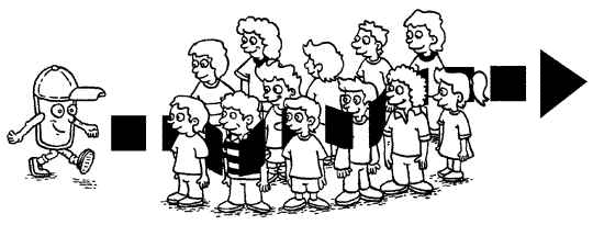 Illustration of Activity Three: Thirstin walking through a group of children with arms at their sides.