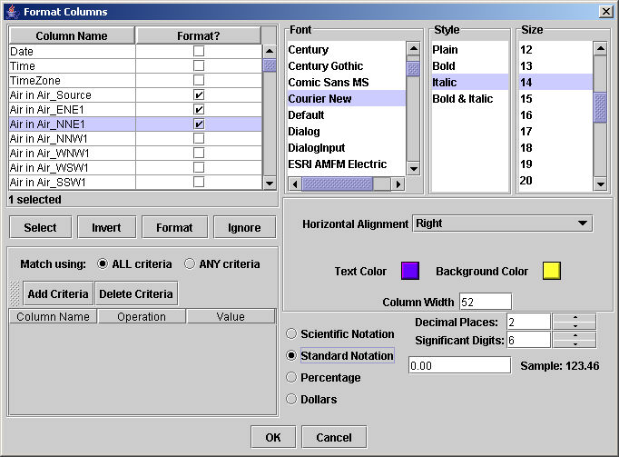 sample Format Columns interface
