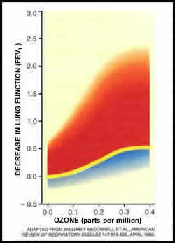 Graph plotting decrements in FEV1 (liters) during exposure to different levels of ozone. The mean response to exposure is represented by the yellow line with the red and blue shaded areas representing individuals with greater and lesser responsiveness to ozone.