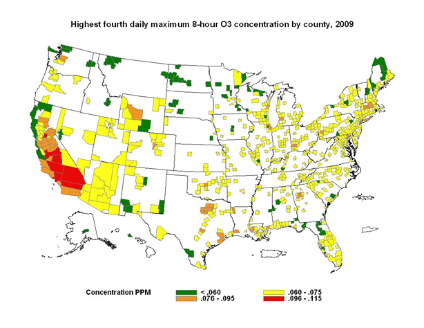 Map of the United States showing counties with high ozone concentrations in 2008.