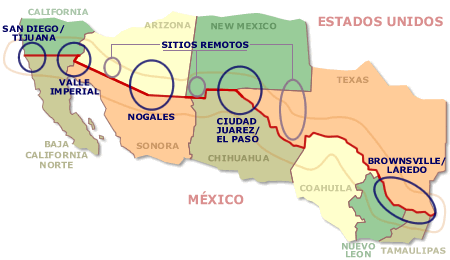 Mapa de la zona fronteriza de U.S.-Mexico