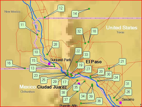 Un mapa detallado - los sitios de monitoreo del aire de la zona urbana de Ciudad Juárez/El Paso