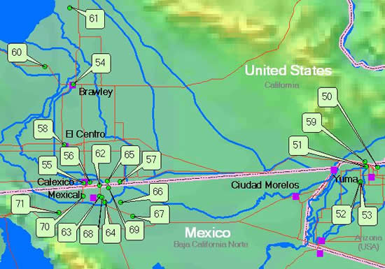 Un mapa que indica las localizaciones de los sitios de monitoreo del aire en la zona de Valle Imperial
