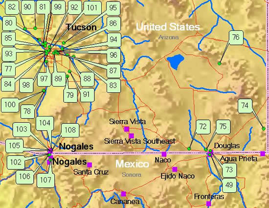 Un mapa que indica las localizaciones de los sitios de monitoreo del aire en la zona de Nogales
