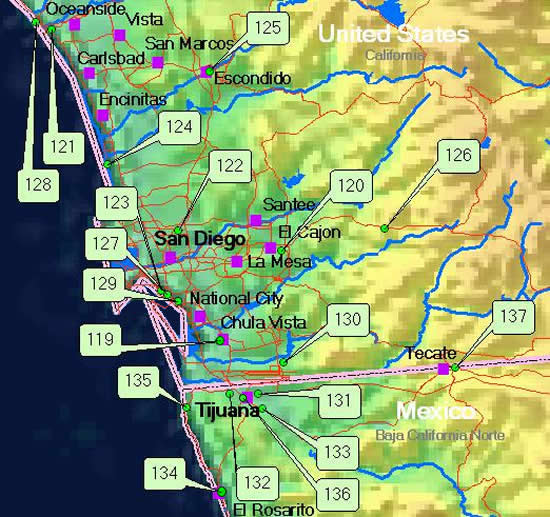 Un mapa que indica las localizaciones de los sitios de monitoreo del aire en la zona del San Diego/Tijuana